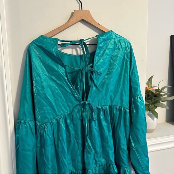 NWT GLAMOROUS Blue Teal Metallic Iridescent Long Sleeve Mini Dress 10 - Picture 8 of 15